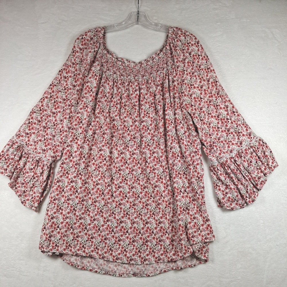 Terra & Sky Women 3X Coral Bisque Floral Smocked Neck Bell Sleeve Blouse